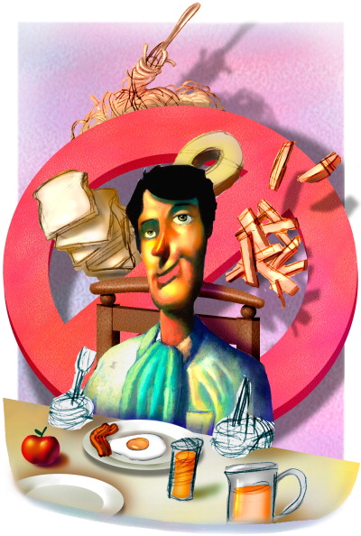 USA - 2000: 52p x 77p Earl F. Lam III color illustration of man seated at breakfast table for a low-carbohydrate meal of egg, bacon, apple and orange juice, behind his chair is a large "no" symbol with breads, pasta and potatoes floating around it. (The Miami Herald/MCT via Getty Images)